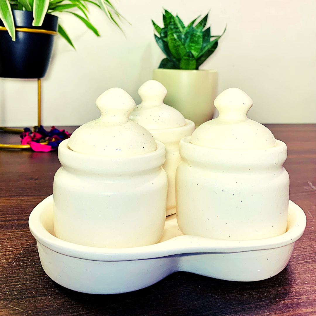 Homefrills Handcrafted Multi-Utility Storage Ceramic Jars & Containers with Lid & Tray for Kitchen & Dinning Table Snacks/Chutney/Pickle Serving jar set(3 jars with Lid & 1 Tray) Colour-White